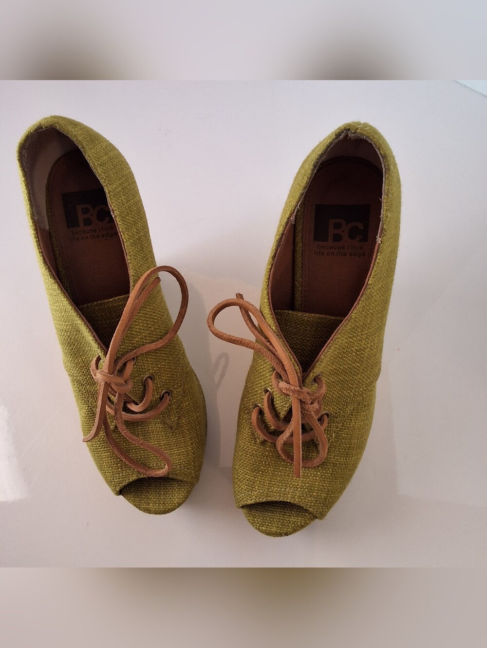 BC Footwear Olive Green Peep Toe Lace-Up Wedges